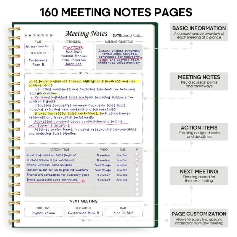 Taja Meeting Notebook for Work Organization - Work Planner Notebook with Action Items, Agenda Planner for Note Taking, 160 Pages (6.9" X 9.9") Project Organizer for Men & Women - Dark Green - Image 2