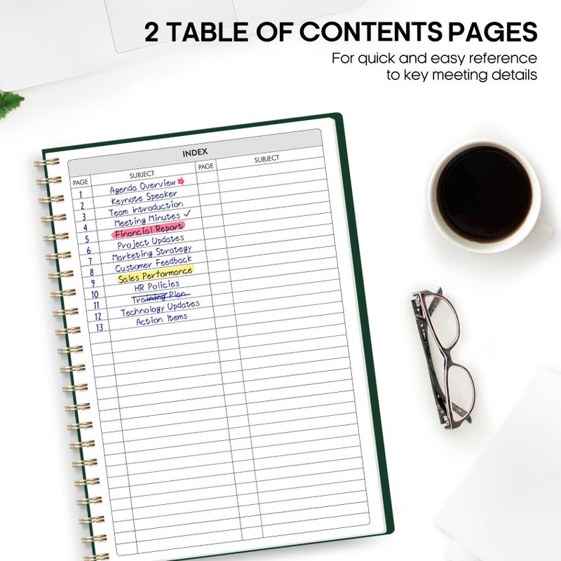 Taja Meeting Notebook for Work Organization - Work Planner Notebook with Action Items, Agenda Planner for Note Taking, 160 Pages (6.9" X 9.9") Project Organizer for Men & Women - Dark Green - Image 3
