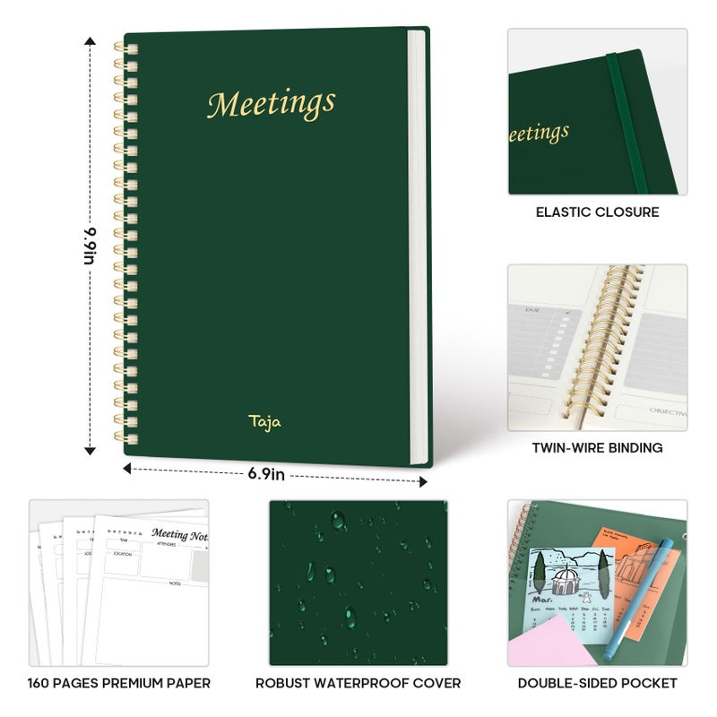 Taja Meeting Notebook for Work Organization - Work Planner Notebook with Action Items, Agenda Planner for Note Taking, 160 Pages (6.9" X 9.9") Project Organizer for Men & Women - Dark Green - Image 4
