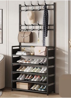 2 in 1 Shoe Rack, Sturdy Coat Rack with Shelves and Hooks, Double Row Hook Design, Suitable for Daily Storage
