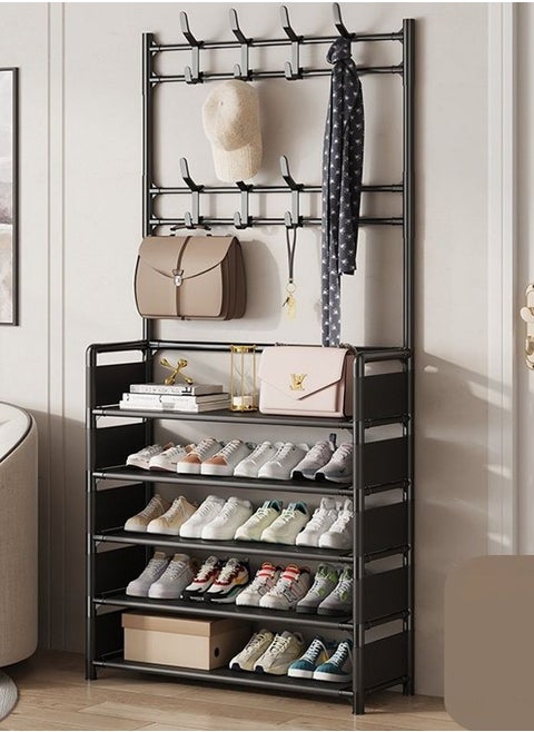 2 in 1 Shoe Rack, Sturdy Coat Rack with Shelves and Hooks, Double Row Hook Design, Suitable for Daily Storage