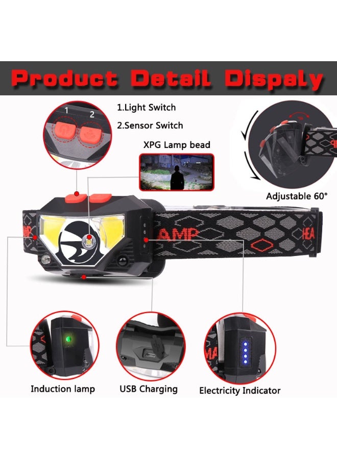 TodyJeyHo Waterproof Outdoor Headlamp – Dual Switch (Mode + Sensor), USB Rechargeable, 6 Light Modes (XPG/COB White/Red), 73g Ultra-Light, IPX5 Waterproof – Includes Sensor Headlamp, Color Box & USB Cable - Image 2