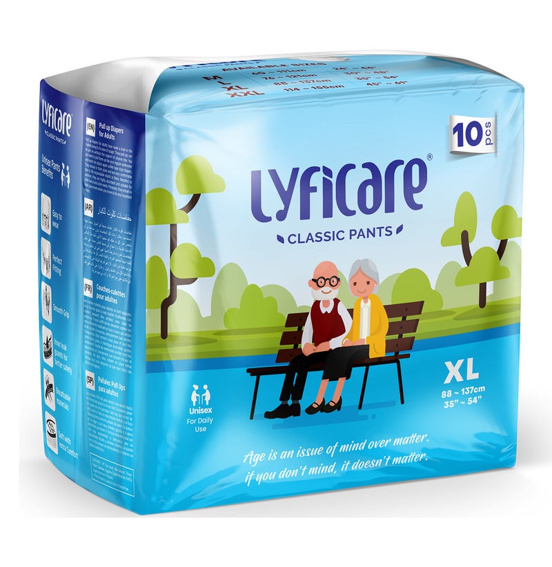 Lyficare Classic Adult Diaper Extra Large Size (XL) - 10 Units | Unisex Diapers Pants Style | Waist (90-125 cm) | Wetness Indicator, Super Absorption, 360° Protection & 0% Leakage | For Men & Women - Image 1