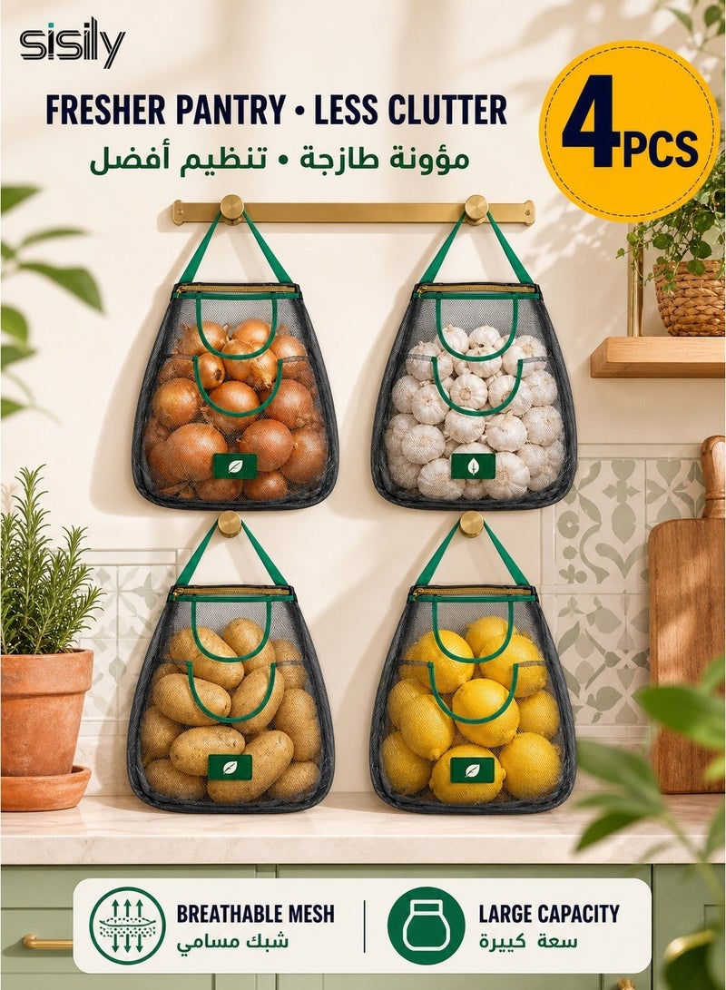 Sisily 4Pcs Fruit and Vegetable Storage Bags, Wall Mounted Breathable Mesh Hanging Produce Bags, Large Capacity Kitchen Organizer For Onions Garlic Potatoes, Home Pantry Storage - Image 1