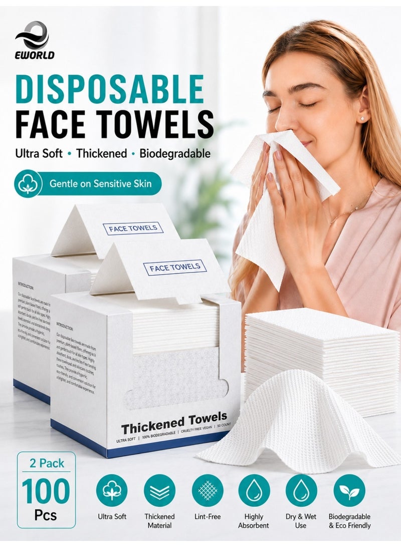 Eworld [2 Pack] Disposable Face Towels, Ultra Soft Thickened Biodegradable Facial Cleansing Towels, Dry & Wet Face Tissue, Lint-Free Highly Absorbent Makeup Remover Towels for Sensitive Skin, Daily Skincare, Travel & Beauty, 100 Count - Image 1