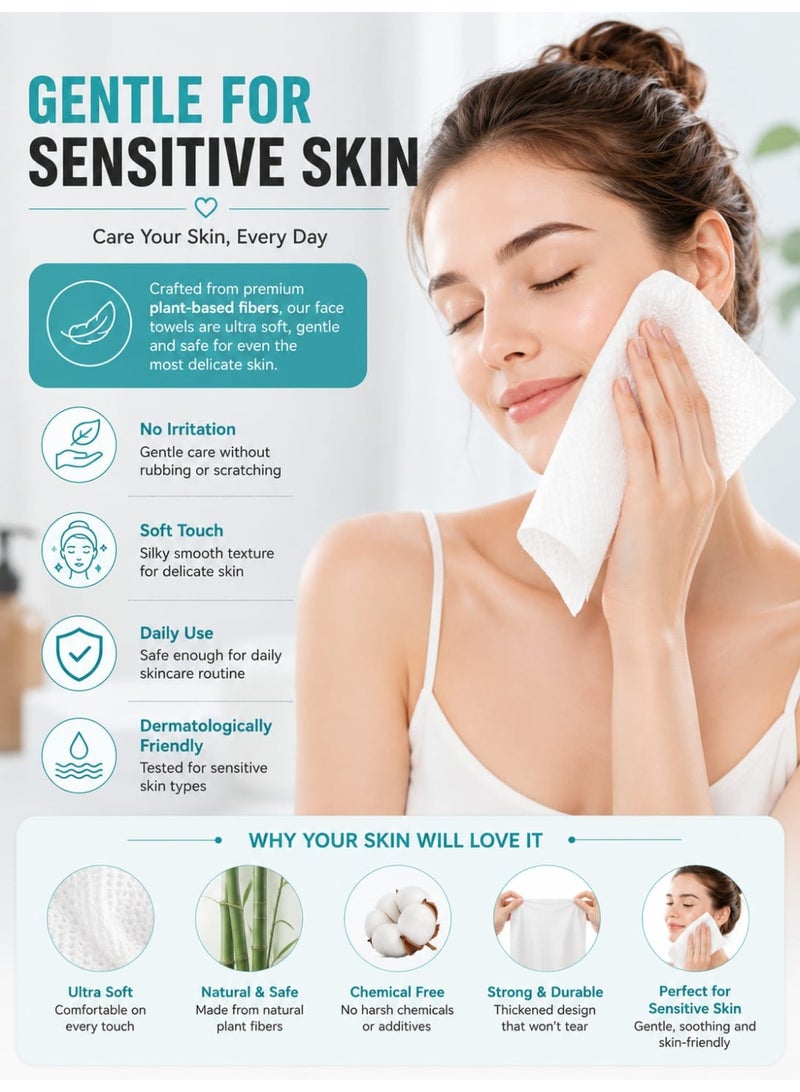 Eworld [2 Pack] Disposable Face Towels, Ultra Soft Thickened Biodegradable Facial Cleansing Towels, Dry & Wet Face Tissue, Lint-Free Highly Absorbent Makeup Remover Towels for Sensitive Skin, Daily Skincare, Travel & Beauty, 100 Count - Image 5