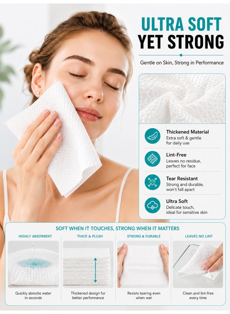 Eworld [2 Pack] Disposable Face Towels, Ultra Soft Thickened Biodegradable Facial Cleansing Towels, Dry & Wet Face Tissue, Lint-Free Highly Absorbent Makeup Remover Towels for Sensitive Skin, Daily Skincare, Travel & Beauty, 100 Count - Image 2