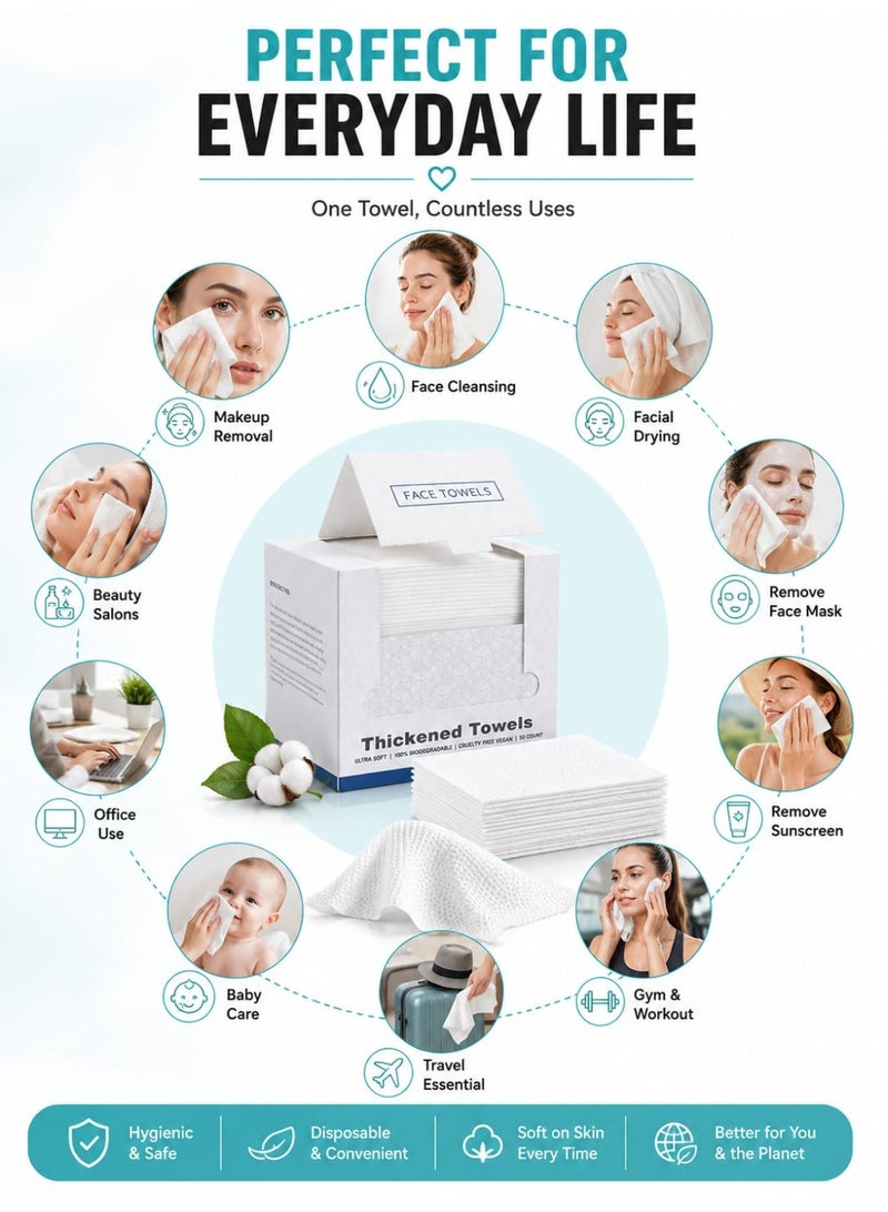 Eworld [2 Pack] Disposable Face Towels, Ultra Soft Thickened Biodegradable Facial Cleansing Towels, Dry & Wet Face Tissue, Lint-Free Highly Absorbent Makeup Remover Towels for Sensitive Skin, Daily Skincare, Travel & Beauty, 100 Count - Image 4