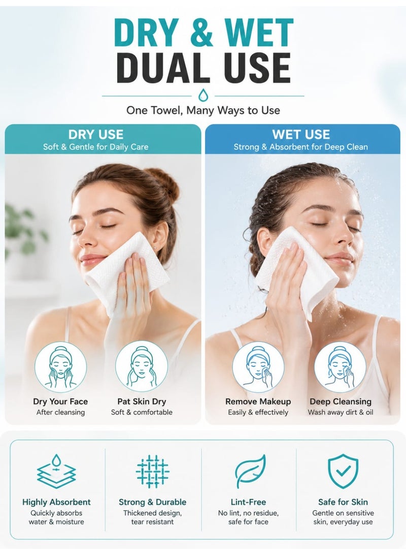 Eworld [2 Pack] Disposable Face Towels, Ultra Soft Thickened Biodegradable Facial Cleansing Towels, Dry & Wet Face Tissue, Lint-Free Highly Absorbent Makeup Remover Towels for Sensitive Skin, Daily Skincare, Travel & Beauty, 100 Count - Image 3