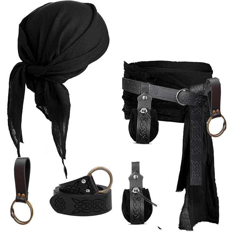 KOTORA Pirate Costume Head Scarf Bandana Hat Waist Sash Medieval Belt Pouch Gold Coin Purse Festival Dress Halloween Accessroy (Black) - Image 1