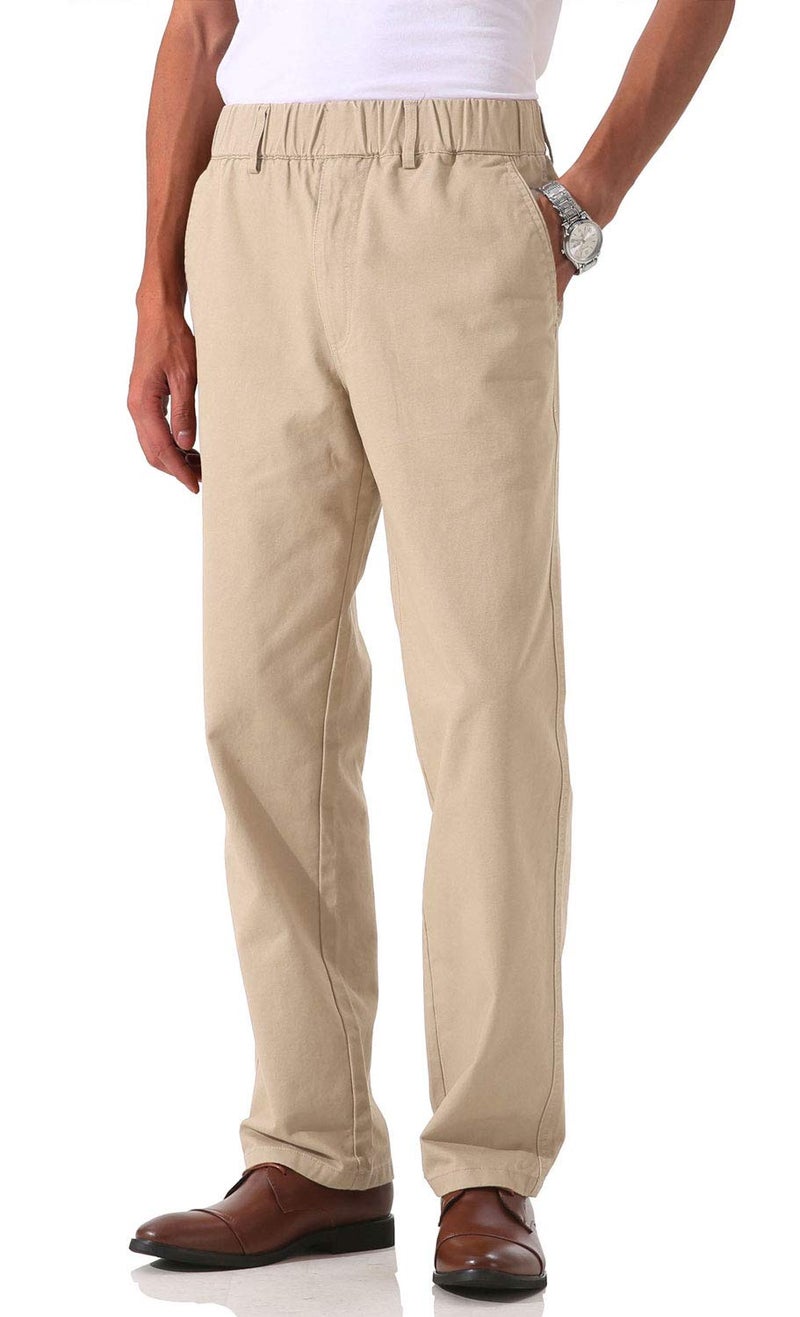 Soojun Mens Cotton Relaxed Fit Full Elastic Waist Twill Pants Khaki 34W x 30L