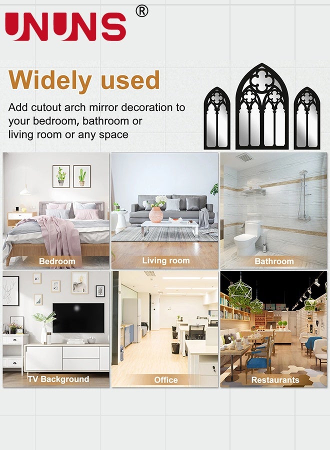 UNUNS 3 قطع ملصقات مرايا قوطية للجدران، بلاط مرايا أكريليك غير قابلة للكسر، مرآة نافذة كاتدرائية قوطية، مرآة باروكية زخرفية للجدران لغرفة النوم، الحمام، غرفة المعيشة، ديكور الجدران المنزلية، أسود - Image 5