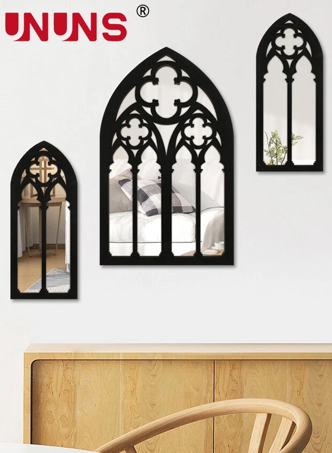 UNUNS 3 قطع ملصقات مرايا قوطية للجدران، بلاط مرايا أكريليك غير قابلة للكسر، مرآة نافذة كاتدرائية قوطية، مرآة باروكية زخرفية للجدران لغرفة النوم، الحمام، غرفة المعيشة، ديكور الجدران المنزلية، أسود - Image 1