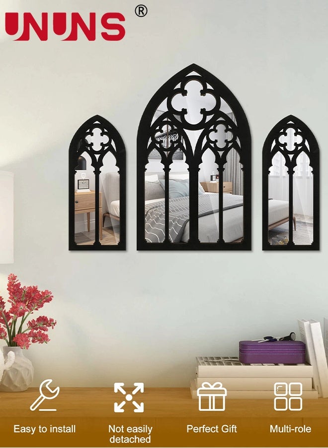 UNUNS 3 قطع ملصقات مرايا قوطية للجدران، بلاط مرايا أكريليك غير قابلة للكسر، مرآة نافذة كاتدرائية قوطية، مرآة باروكية زخرفية للجدران لغرفة النوم، الحمام، غرفة المعيشة، ديكور الجدران المنزلية، أسود - Image 2