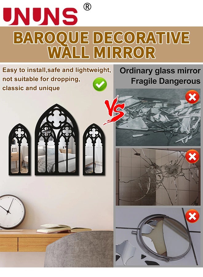 UNUNS 3 قطع ملصقات مرايا قوطية للجدران، بلاط مرايا أكريليك غير قابلة للكسر، مرآة نافذة كاتدرائية قوطية، مرآة باروكية زخرفية للجدران لغرفة النوم، الحمام، غرفة المعيشة، ديكور الجدران المنزلية، أسود - Image 4