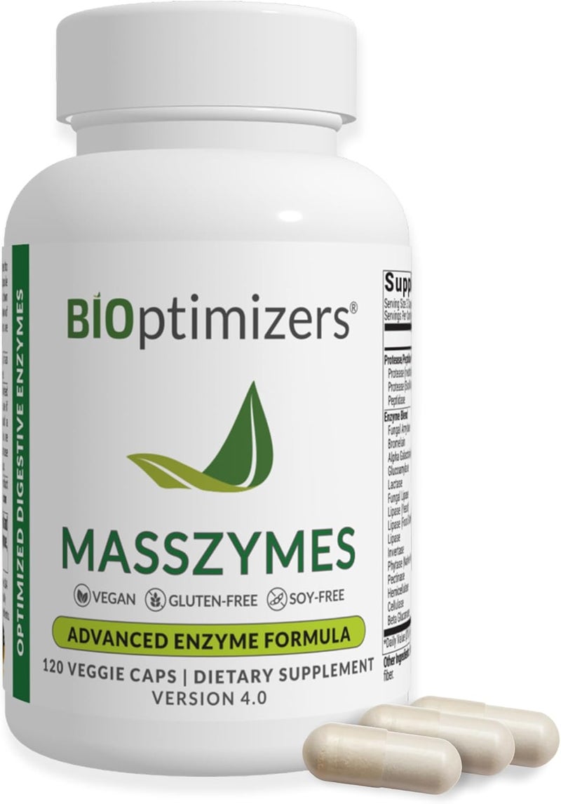 BiOptimizers MassZymes Digestive Enzyme Supplement for Better Absorption Relief from Bloating Constipation and Gas for Men Women Contains Lipase Amylase Bromelain 120 Capsules - Image 1