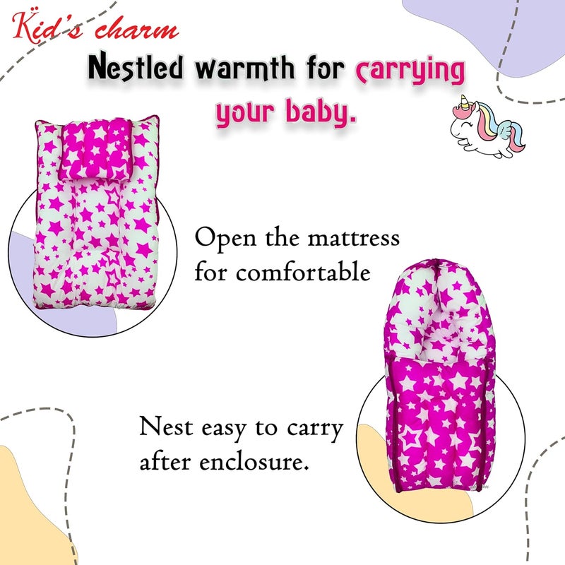 Kid's Charm Kids Charm StarMulti Mini 3 in 1 Babys Cotton Bed Cum Carry Bed Printed Baby Sleeping BagBaby BedInfant Portable for Unisex Easily Portable Light Weight Carry for New Born 04 Months Old Pink - Image 5