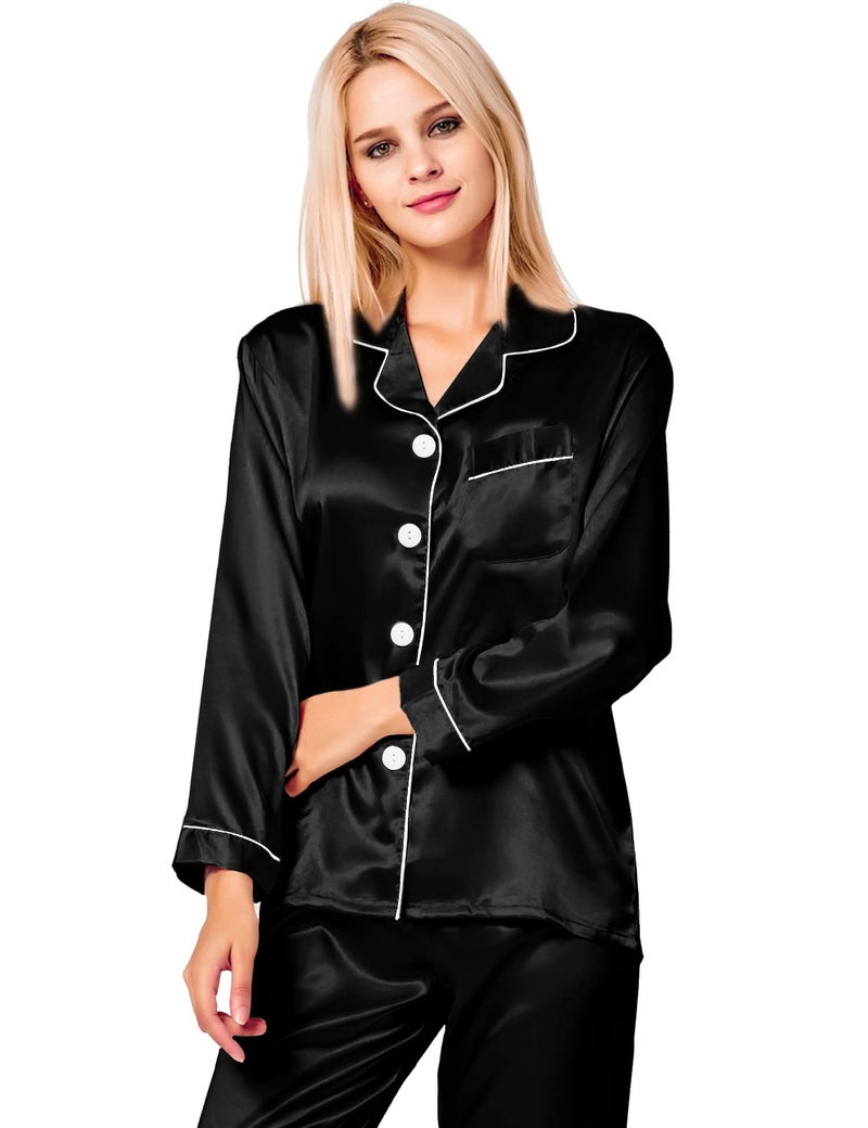 SWOMOG Womens Silk Satin Pajamas Long Sleeve Loungewear Two-piece Sleepwear Button-Down Pj Set Black - Image 2