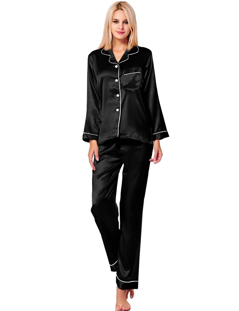 SWOMOG Womens Silk Satin Pajamas Long Sleeve Loungewear Two-piece Sleepwear Button-Down Pj Set Black - Image 3