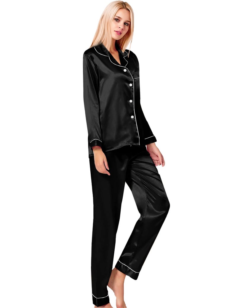 SWOMOG Womens Silk Satin Pajamas Long Sleeve Loungewear Two-piece Sleepwear Button-Down Pj Set Black - Image 4