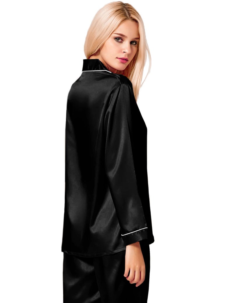 SWOMOG Womens Silk Satin Pajamas Long Sleeve Loungewear Two-piece Sleepwear Button-Down Pj Set Black - Image 5