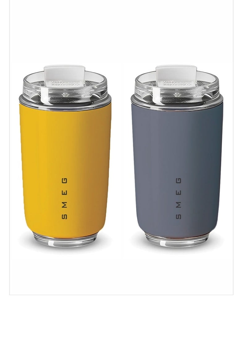 smeg Travel Mug, Insulated Coffee Tumbler, Leak Proof Stainless Steel Thermal Reusable Coffee Cup, Lightweight And Portable Drink Container For Office Traveling, (Pack Of 2pcs, 350ML, Yellow And Grey) - Image 1