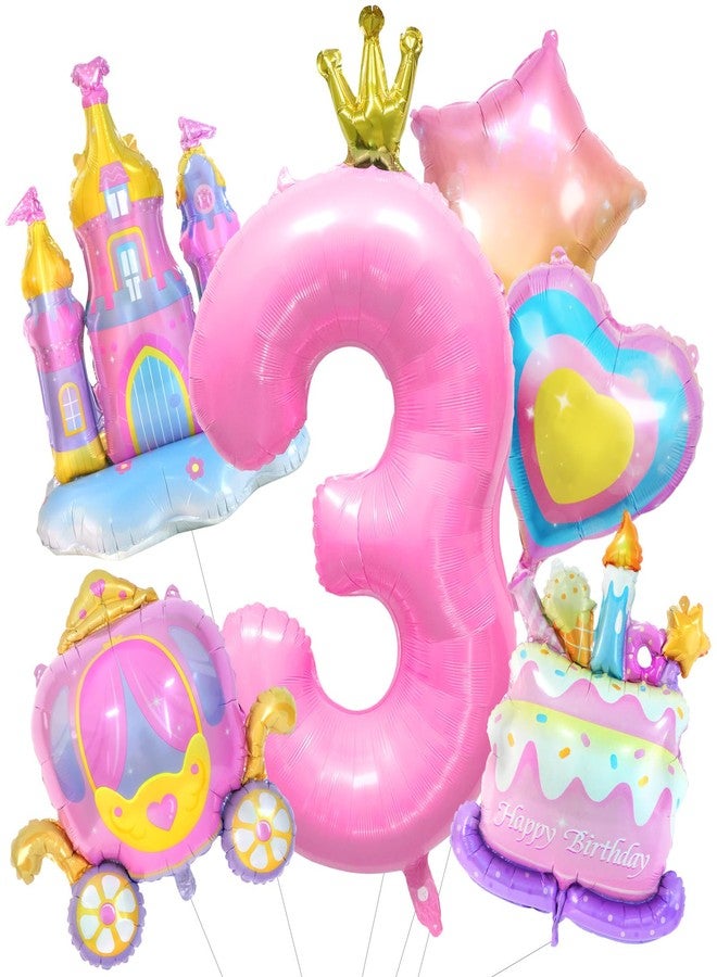Nuesaurd 6PCS Princess Birthday Balloons Large Pink Castle Balloon Carriage Balloon Crown Heart Star Cake Foil Balloons for 3rd Princess Birthday Girl Party Decorations Supplies Baby Shower Favors - Image 1