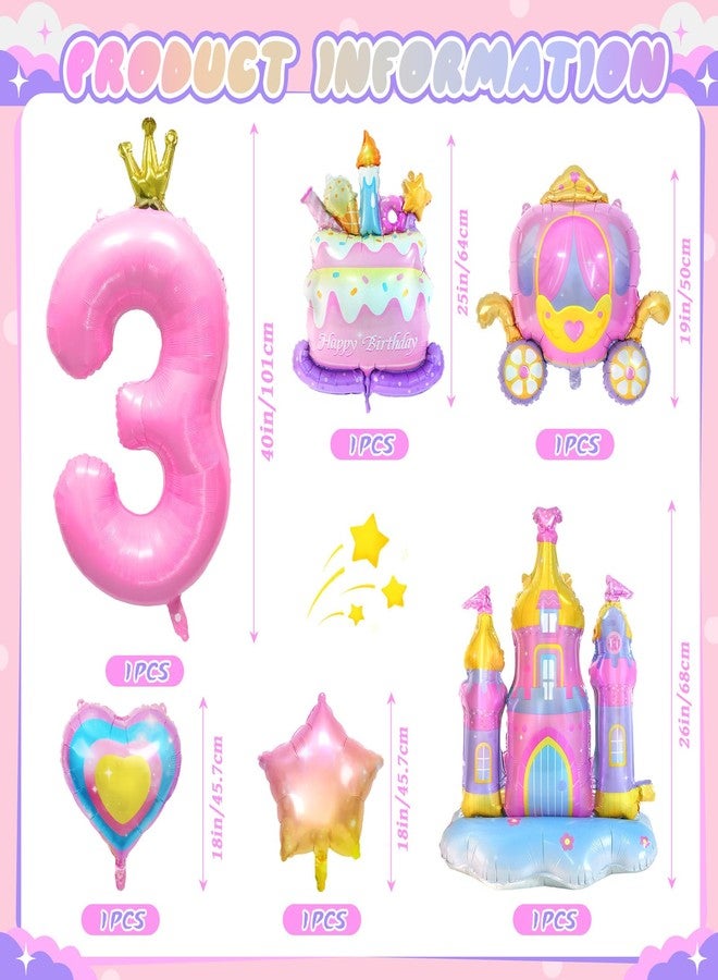 Nuesaurd 6PCS Princess Birthday Balloons Large Pink Castle Balloon Carriage Balloon Crown Heart Star Cake Foil Balloons for 3rd Princess Birthday Girl Party Decorations Supplies Baby Shower Favors - Image 2
