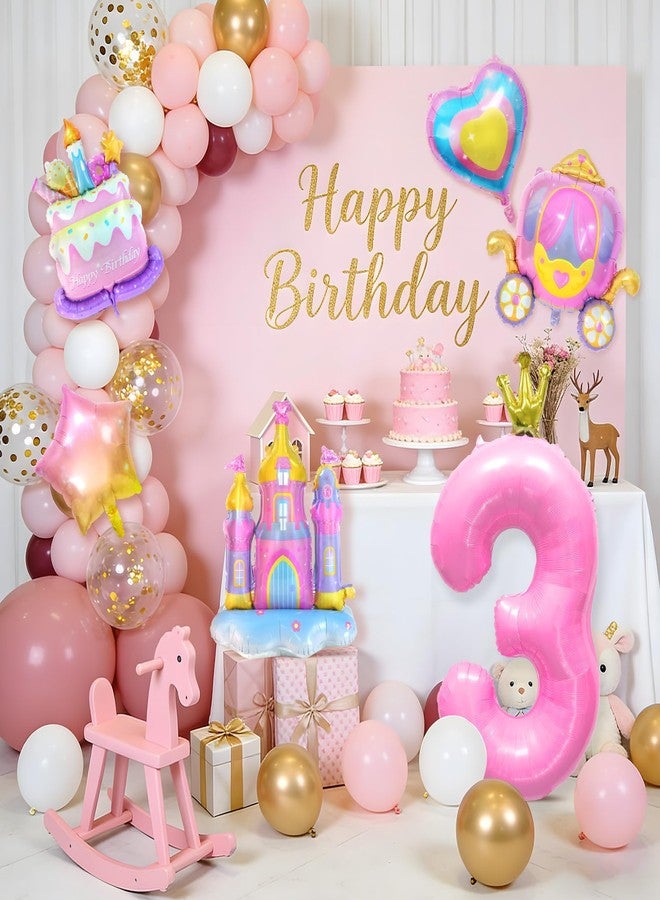 Nuesaurd 6PCS Princess Birthday Balloons Large Pink Castle Balloon Carriage Balloon Crown Heart Star Cake Foil Balloons for 3rd Princess Birthday Girl Party Decorations Supplies Baby Shower Favors - Image 5