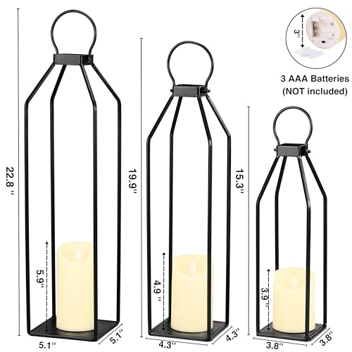 Perfnique Modern Farmhouse Lanterns, Set of 3 Black Metal Lanterns w/ 6hr Timer Flickering Flameless Candles, Decorative for Outdoor Decor, Front Porch, Indoor, Patio, Garden, Fireplace, Christmas - Image 3