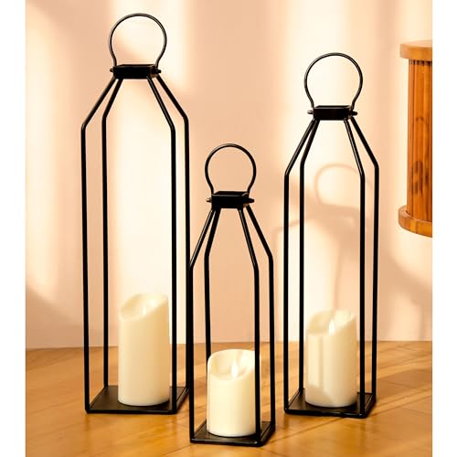 Perfnique Modern Farmhouse Lanterns, Set of 3 Black Metal Lanterns w/ 6hr Timer Flickering Flameless Candles, Decorative for Outdoor Decor, Front Porch, Indoor, Patio, Garden, Fireplace, Christmas - Image 1