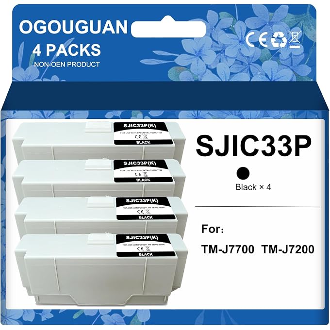 CAIDI Black Cartridge Compatible with SJIC33P SJIC33P(K) Black -C33S020655 for Printers TM-J7200, TM-J7700 and Other TMJ Models - Superior Performance, Printing (4 Packs)