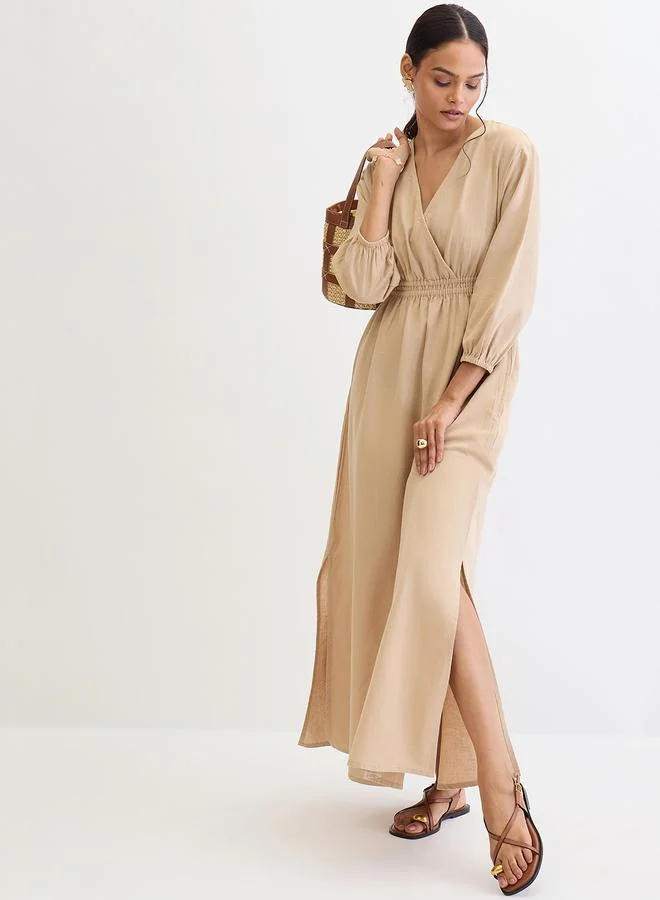 Femmella beige Beige Linen Blend Slit Detail Maxi Dress for Women | Best Price UAE