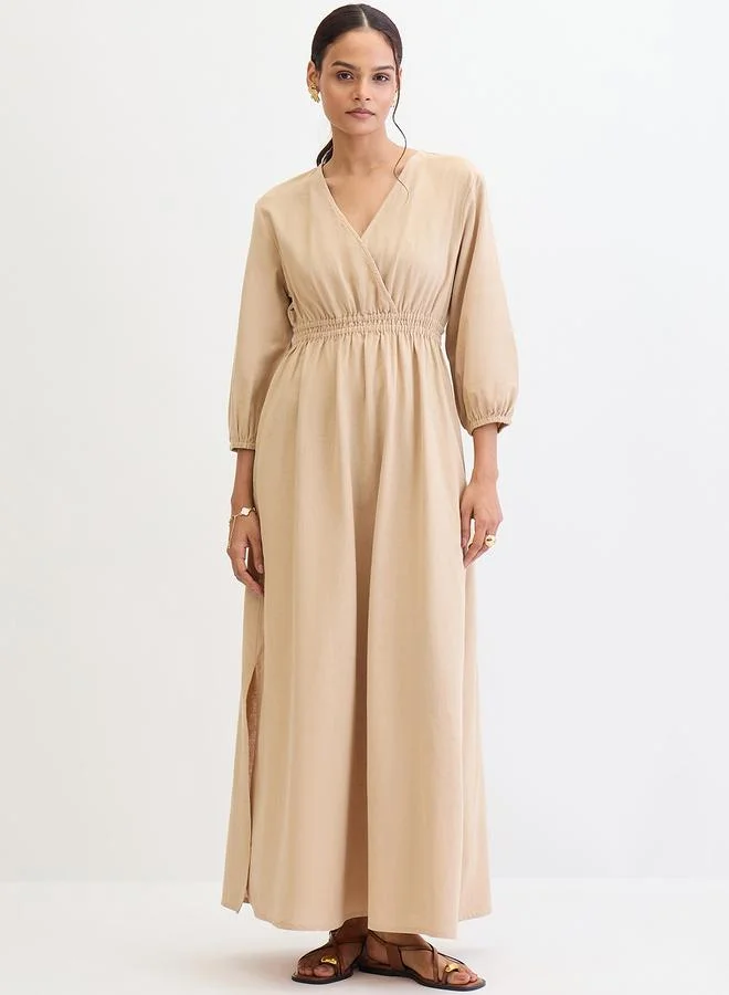 Femmella Beige Linen Blend Slit Detail Maxi Dress