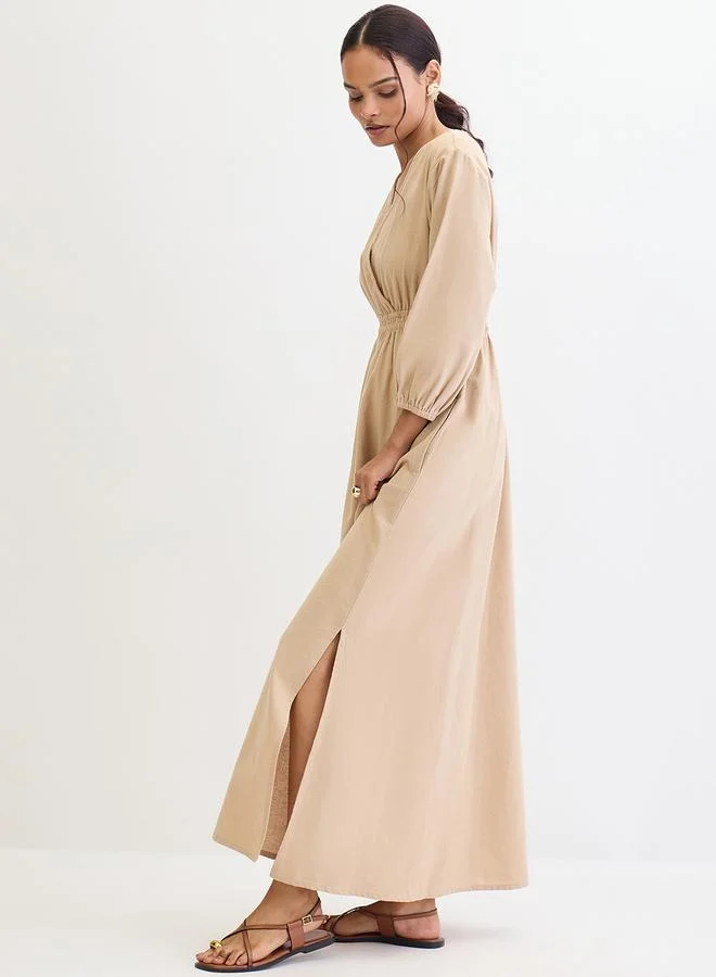 Femmella Beige Linen Blend Slit Detail Maxi Dress