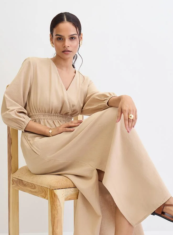 Femmella beige Beige Linen Blend Slit Detail Maxi Dress for Women | Best Price UAE