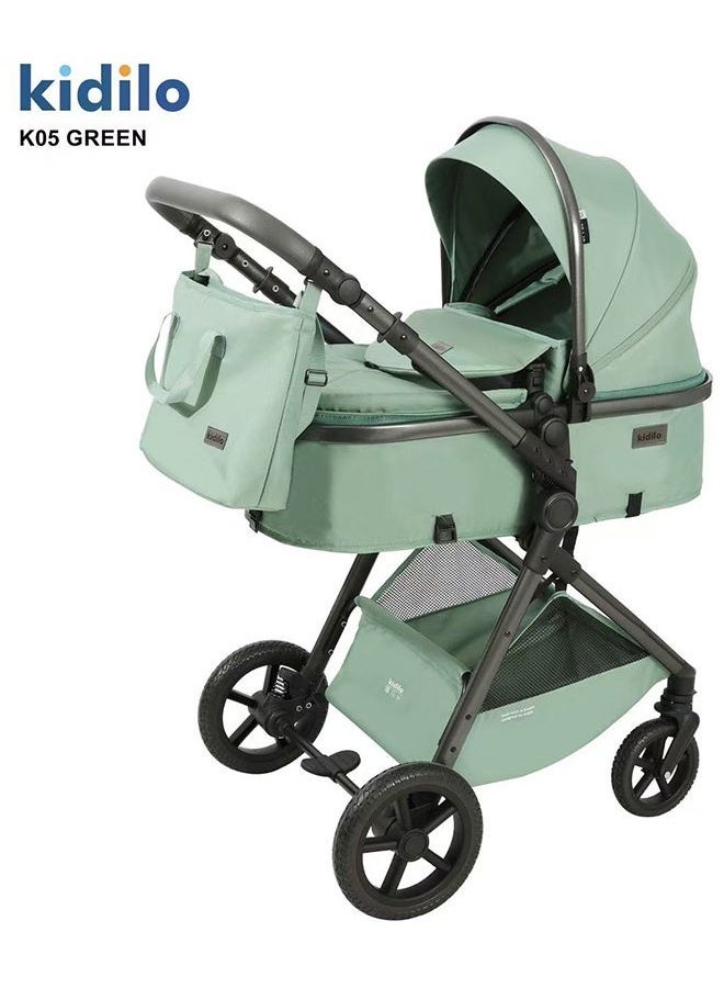 كيديليو عربة أطفال 3 في 1، مقصورة سفر متعددة الوظائف للمواليد الجدد، عربة أطفال قابلة للطي بيد واحدة للرضع، عربة أطفال مرتفعة للأطفال الصغار بعجلات مطاطية، طبق طعام، حصيرة تبريد، ناموسية، وغيرها من الملحقات - Image 1