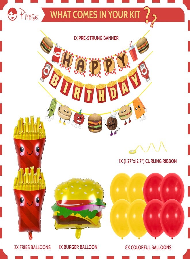 Pirese Burger Birthday Party Decorations - Pre-Strung Happy Birthday Banner Kit with Burger & Fries Balloons - Picnic, Cookout, Food Truck, Cheeseburger Party Decorations with Balloons for Kids & Adults - Image 2