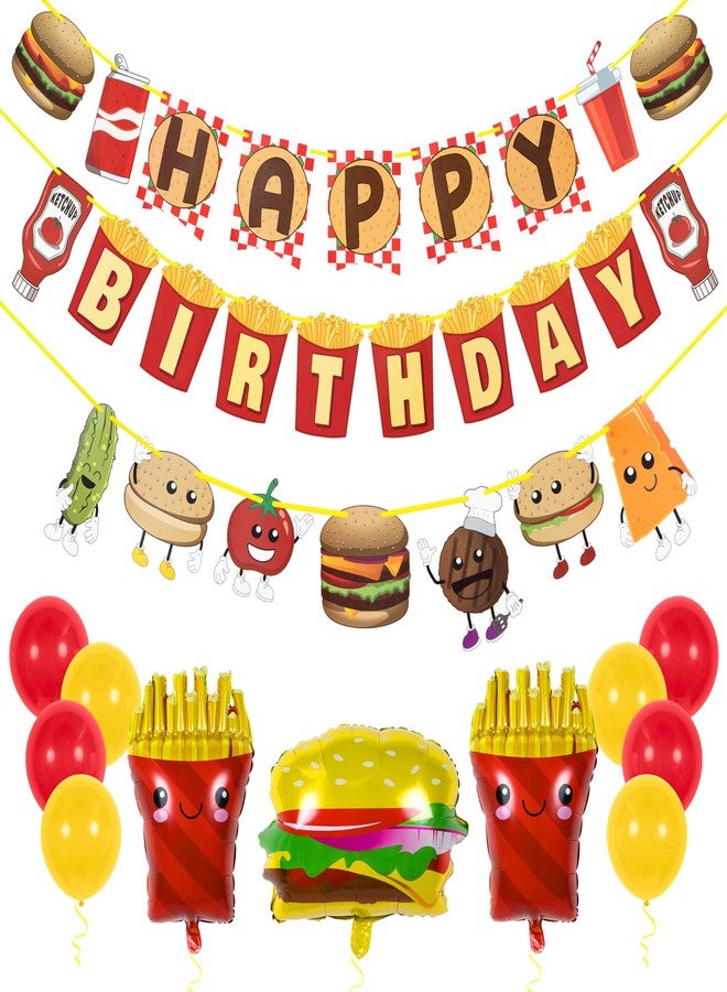Pirese Burger Birthday Party Decorations - Pre-Strung Happy Birthday Banner Kit with Burger & Fries Balloons - Picnic, Cookout, Food Truck, Cheeseburger Party Decorations with Balloons for Kids & Adults - Image 1