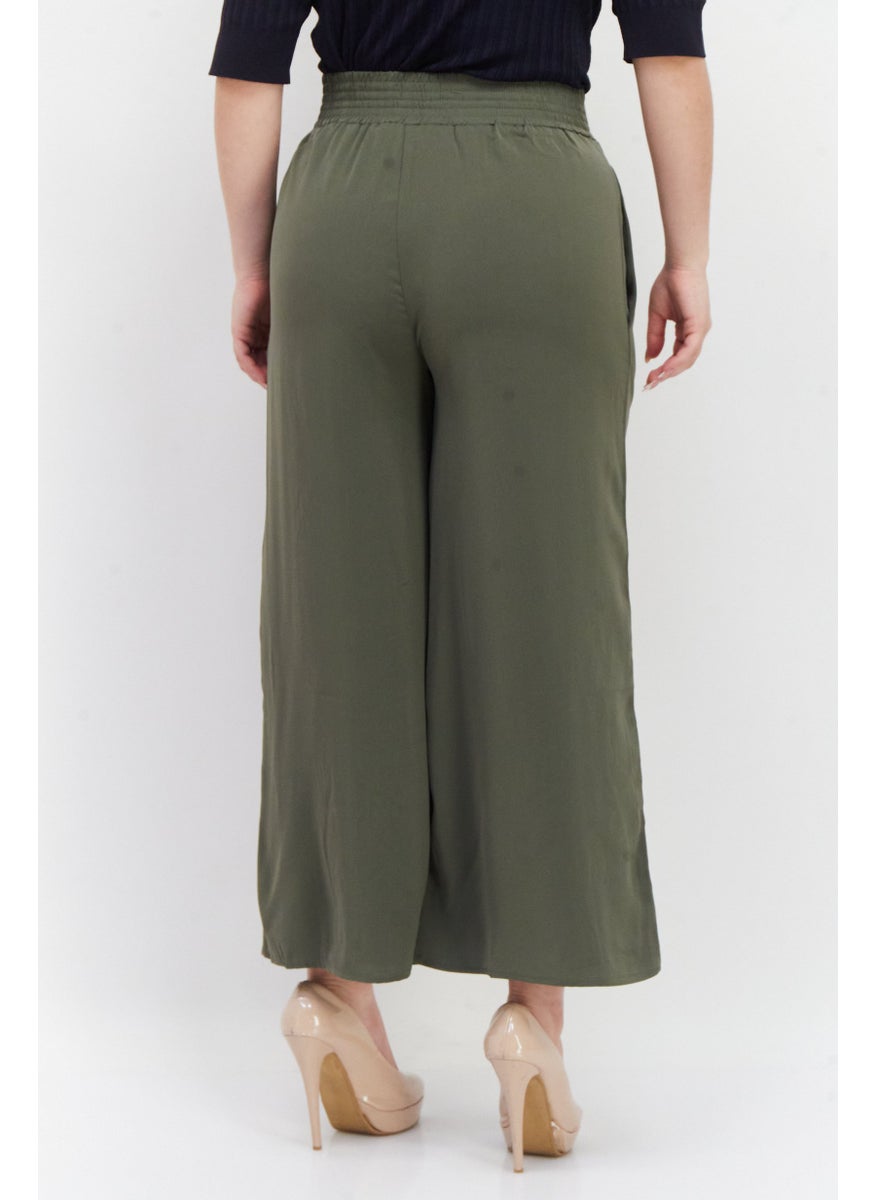 French Connection Women Wide Leg Plain Palazzo Pants, Olive  - Image 3