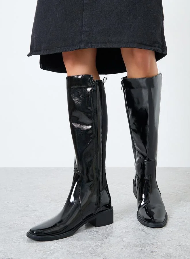 Styli Black Patent Knee-High Boots with Gusset