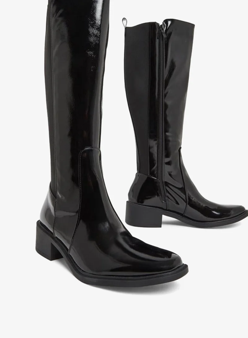 Styli Black Patent Knee-High Boots with Gusset