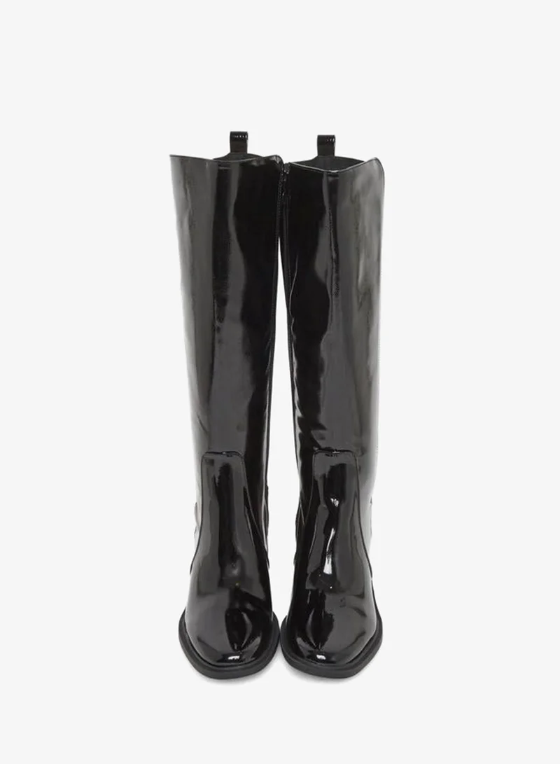 Styli Black Patent Knee-High Boots with Gusset