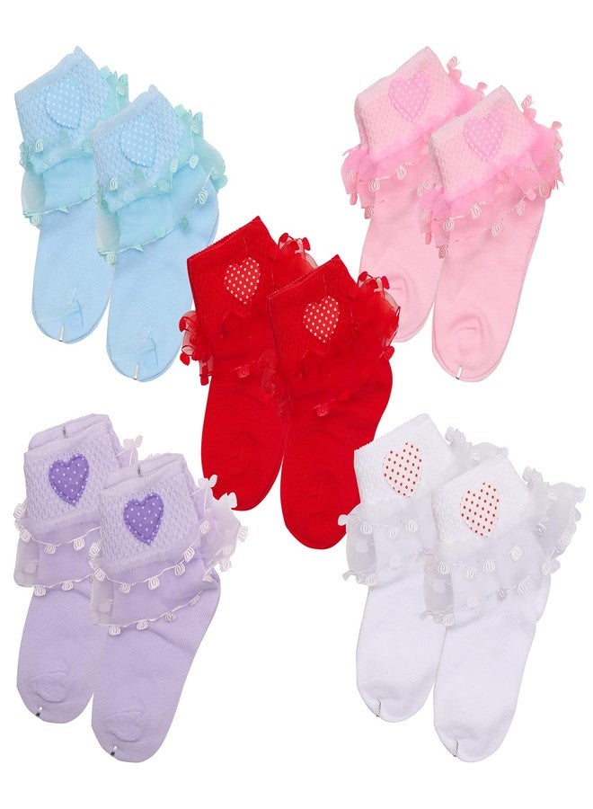 heartbury Cute and Colorful 100% Pure Cotton Baby Girls Frilly/Lace Socks For Girls-(Age 1-6Years) (Love-5Colors, 3-4Years) - Image 1