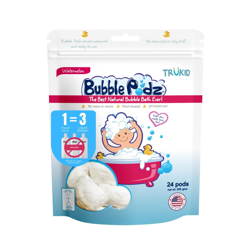 TruKid Bubble Podz Bubble Bath for Baby & Kids, Gentle Refreshing Bath Bomb for Sensitive Skin, pH Balance 7 for Eye Sensitivity, Natural Moisturizers and Ingredients, Watermelon (24 Podz) - Image 1