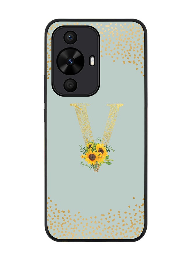 Stylizedd Rugged Black edge case for Huawei nova 12s / Huawei nova 11/ Huawei nova 12 Lite 4G,Custom Monogram Initial Letter Floral Alphabet - V (Light Grey) - Image 1