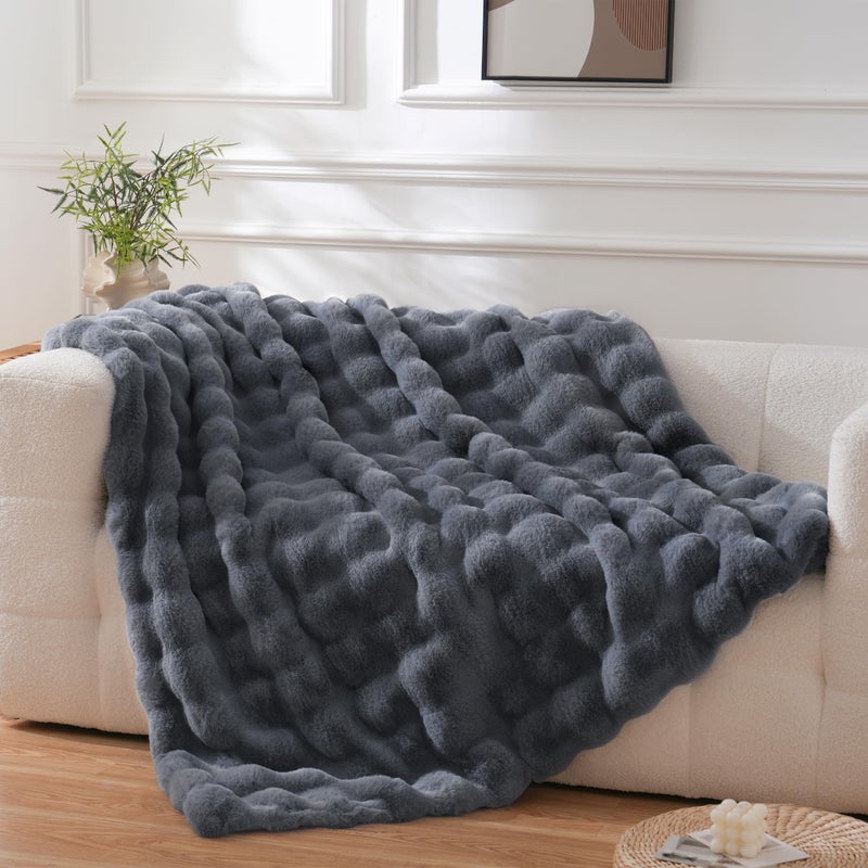 BENVWE Faux Fur Throw Blanket for Couch Bed  Fluffy Soft Thick Bubble Blanket for Living Room Home Decor  Fathers Day Birthday Gifts for Women Men Grey 63 x 80