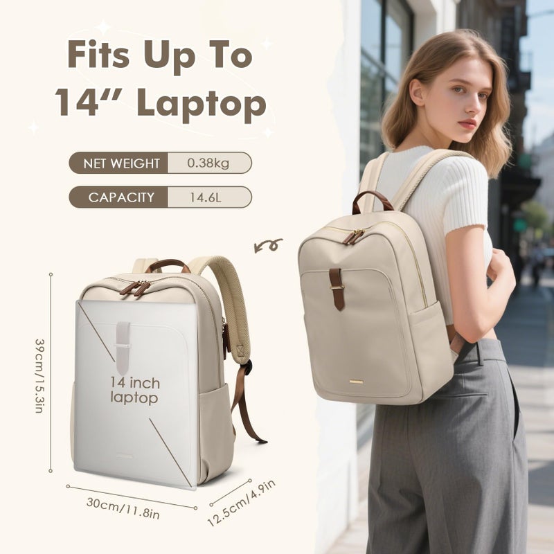 GOLF QUALITY Laptop Backpack for Women,Casual Work Business Backpacks Purse Carry on Travel Backpack,14 Inch,Apricot - Image 4