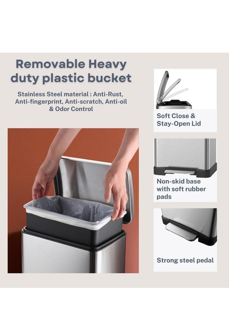 WT-EASYCARE 45L Stainless Steel Trash Bin – Removable Plastic Bucket, Soft Close & Stay-Open Lid, Strong Pedal, Odor Control, Non-Skid Base, Anti-Fingerprint – Ideal for Home, Office, Bedroom & Events  - Image 4