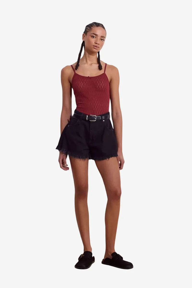 Dilvin Burgundy Red DILVIN Textured Crop Cami Blouse With Bow Detail for Women | Best Price UAE